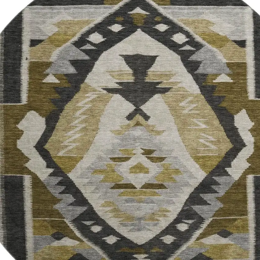 8' Chocolate Beige And Charcoal Tribal Washable Round Rug With UV Protection Photo 3