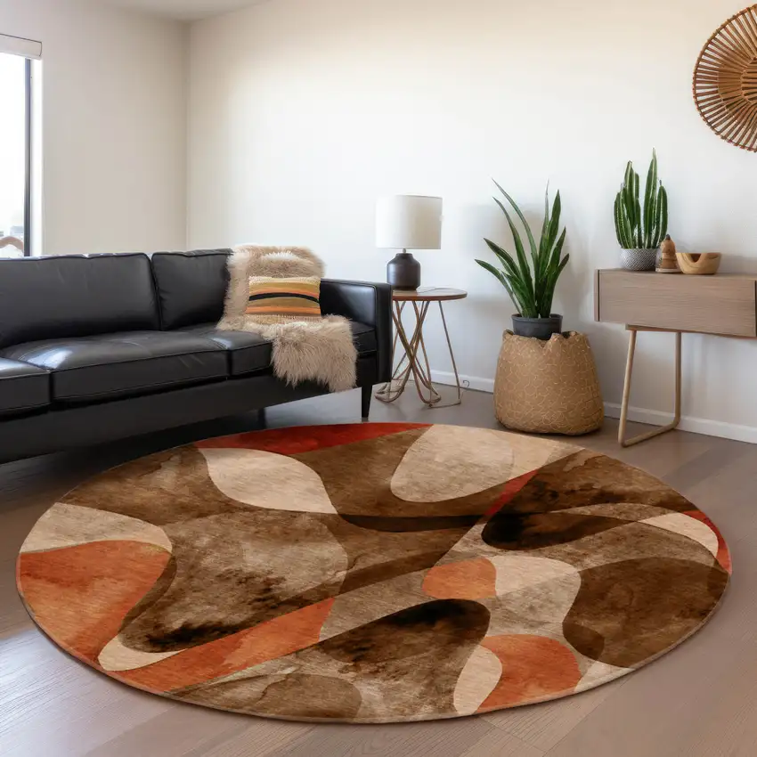 8' Chocolate Beige And Copper Abstract Washable Round Rug With UV Protection Photo 5