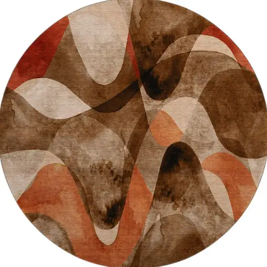 8' Chocolate Beige And Copper Abstract Washable Round Rug With UV Protection Photo 4