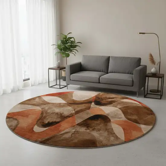 8' Chocolate Beige And Copper Abstract Washable Round Rug With UV Protection Photo 2