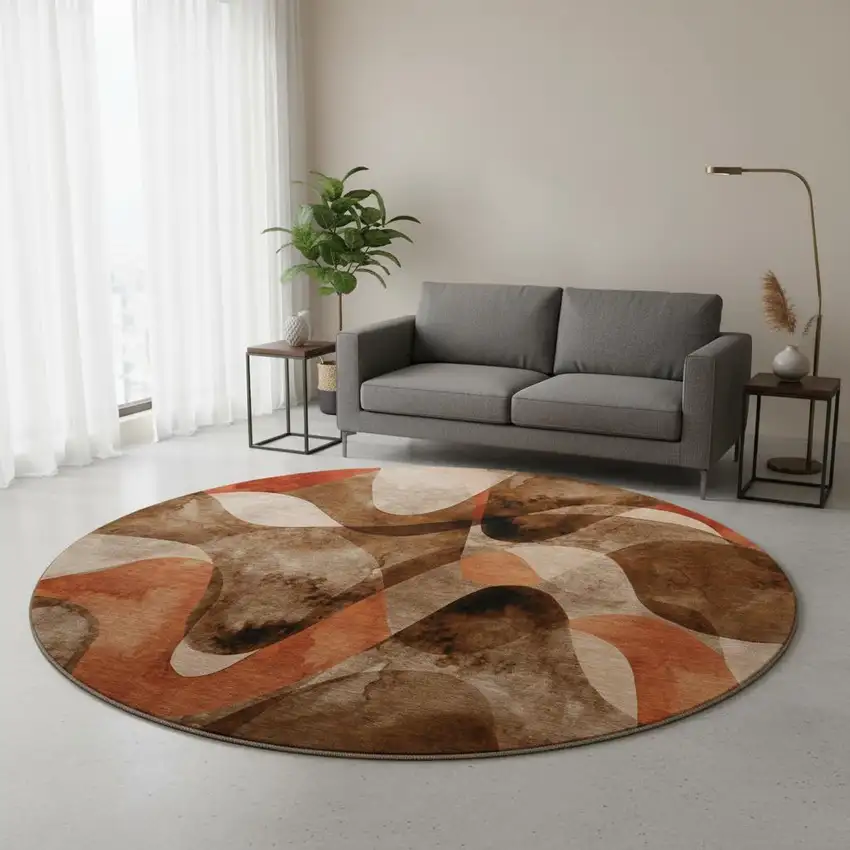 8' Chocolate Beige And Copper Abstract Washable Round Rug With UV Protection Photo 2