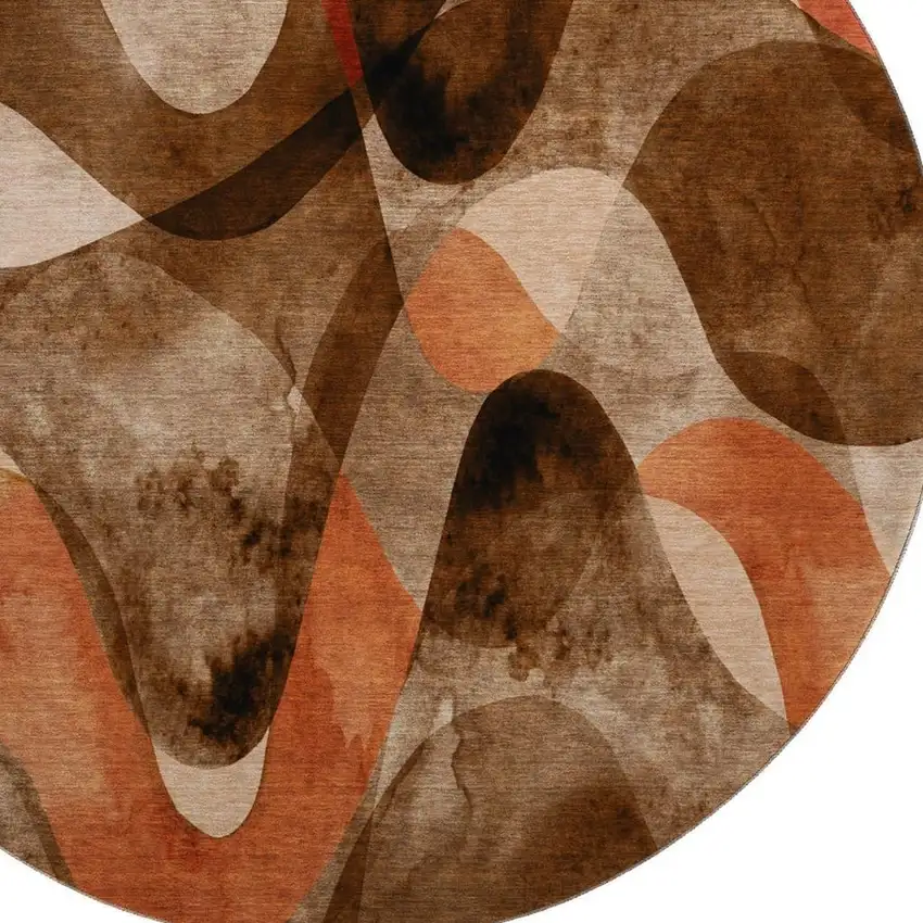8' Chocolate Beige And Copper Abstract Washable Round Rug With UV Protection Photo 3