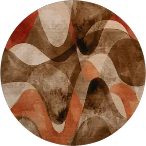 Photo of 8' Chocolate Beige And Copper Abstract Washable Round Rug With UV Protection