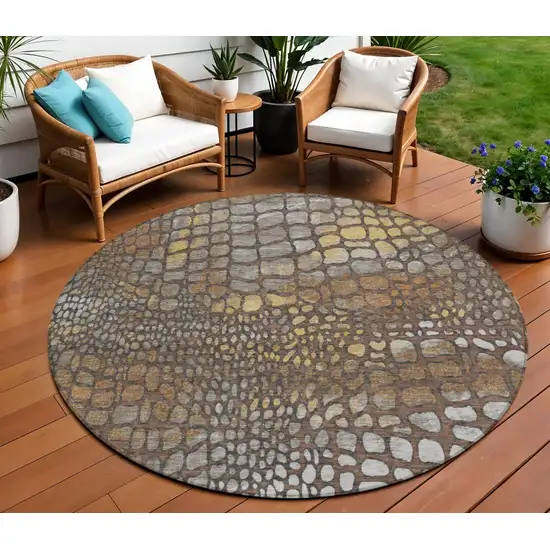 8' Chocolate Beige And Copper Round Abstract Washable Indoor Outdoor Area Rug Photo 1