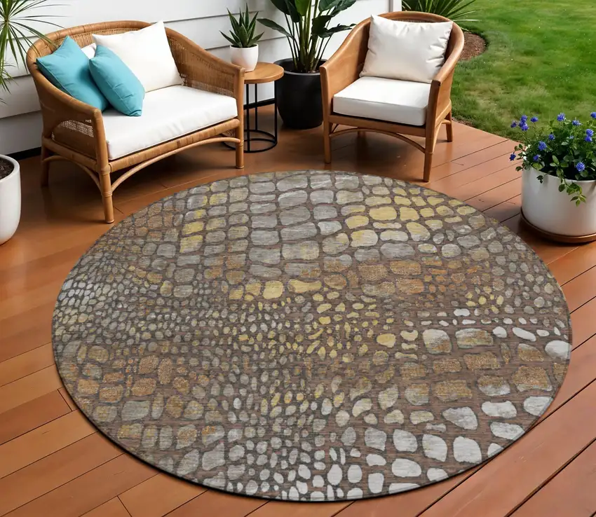8' Chocolate Beige And Copper Round Abstract Washable Indoor Outdoor Area Rug Photo 1