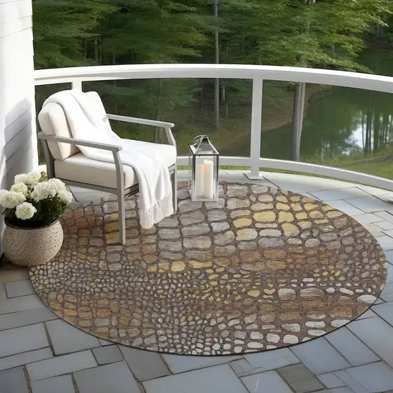 8' Chocolate Beige And Copper Round Abstract Washable Indoor Outdoor Area Rug Photo 5