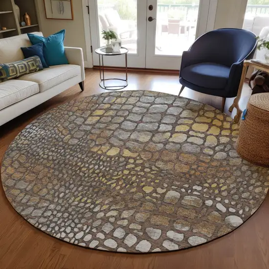 8' Chocolate Beige And Copper Round Abstract Washable Indoor Outdoor Area Rug Photo 6