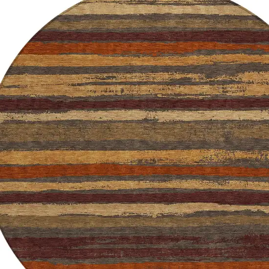8' Chocolate Beige And Copper Round Striped Washable Indoor Outdoor Area Rug Photo 4