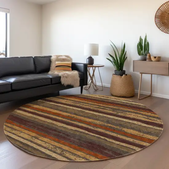 8' Chocolate Beige And Copper Round Striped Washable Indoor Outdoor Area Rug Photo 7