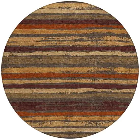 8' Chocolate Beige And Copper Round Striped Washable Indoor Outdoor Area Rug Photo 5