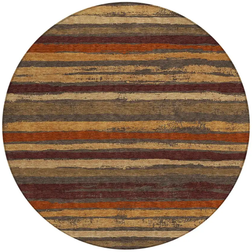8' Chocolate Beige And Copper Round Striped Washable Indoor Outdoor Area Rug Photo 5