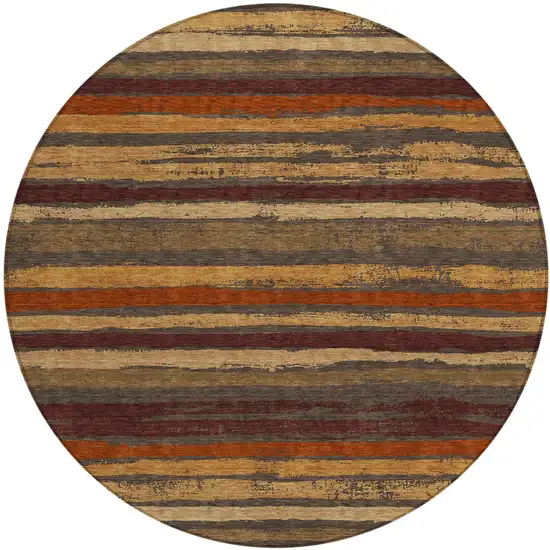 8' Chocolate Beige And Copper Round Striped Washable Indoor Outdoor Area Rug Photo 2