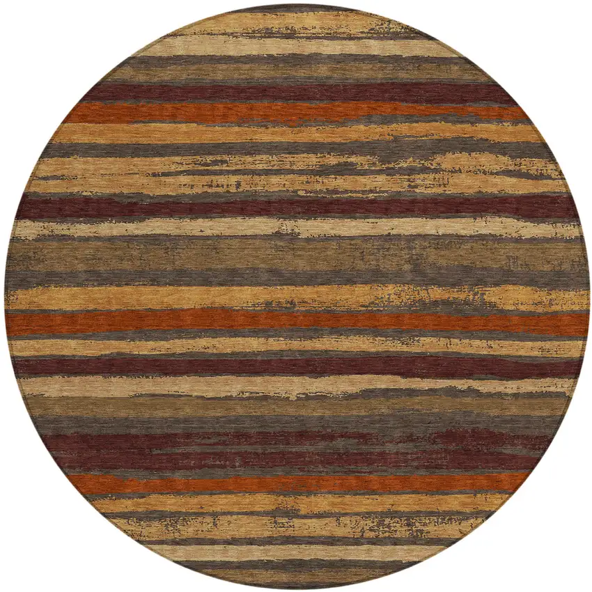 8' Chocolate Beige And Copper Round Striped Washable Indoor Outdoor Area Rug Photo 2