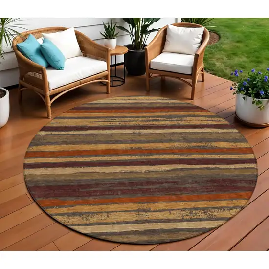 8' Chocolate Beige And Copper Round Striped Washable Indoor Outdoor Area Rug Photo 1