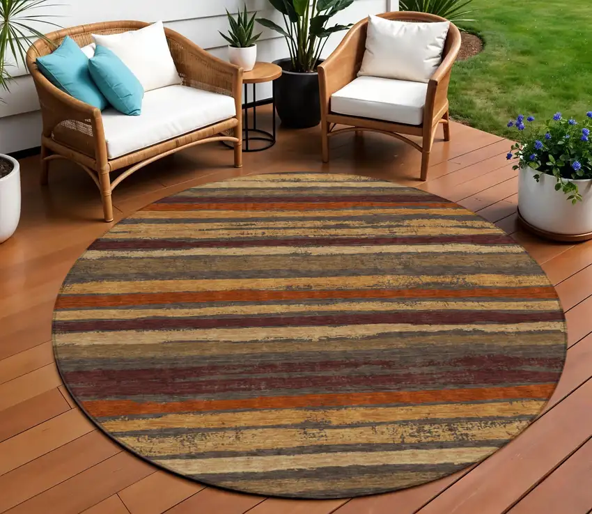 8' Chocolate Beige And Copper Round Striped Washable Indoor Outdoor Area Rug Photo 1