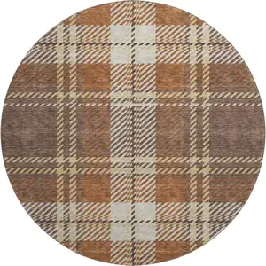 Photo of 8' Chocolate Beige And Gold Plaid Washable Round Rug With UV Protection