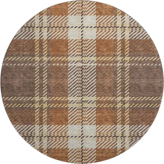 8' Chocolate Beige And Gold Plaid Washable Round Rug With UV Protection Photo 1