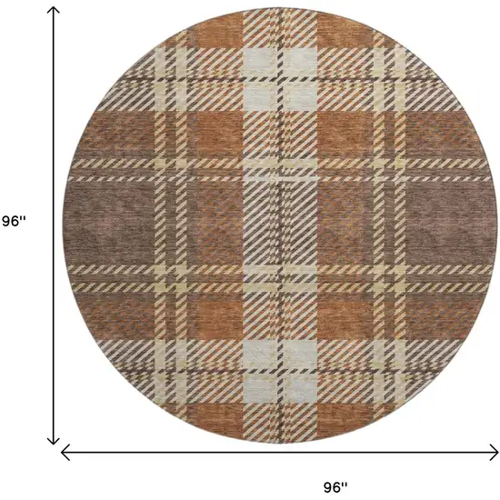 8' Chocolate Beige And Gold Plaid Washable Round Rug With UV Protection Photo 9