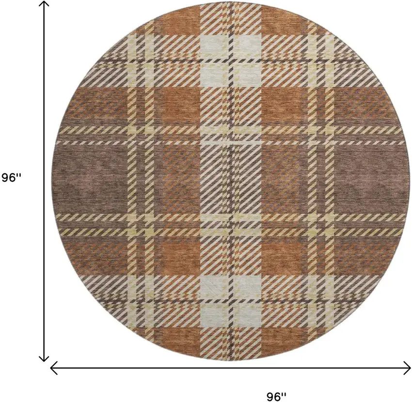8' Chocolate Beige And Gold Plaid Washable Round Rug With UV Protection Photo 9
