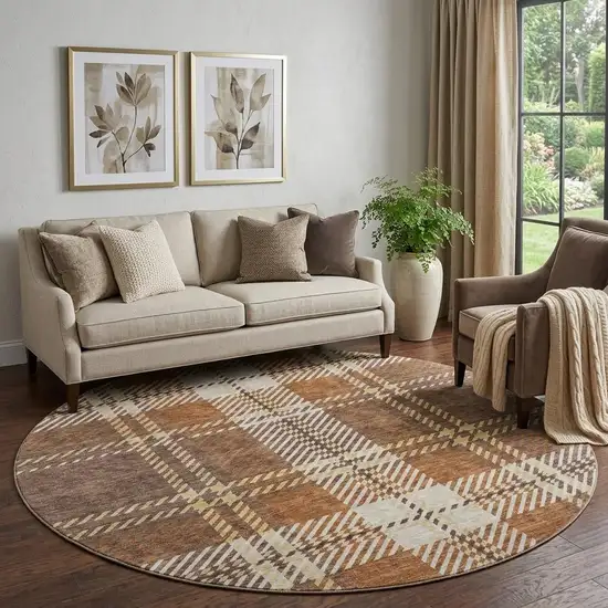 8' Chocolate Beige And Gold Plaid Washable Round Rug With UV Protection Photo 1