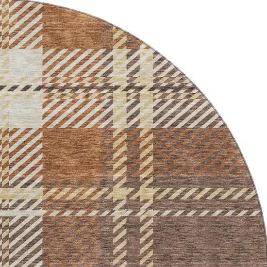 8' Chocolate Beige And Gold Plaid Washable Round Rug With UV Protection Photo 3