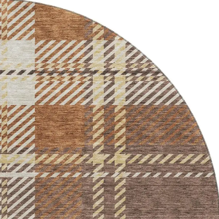 8' Chocolate Beige And Gold Plaid Washable Round Rug With UV Protection Photo 3