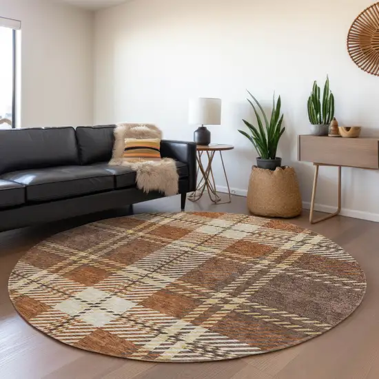 8' Chocolate Beige And Gold Plaid Washable Round Rug With UV Protection Photo 4