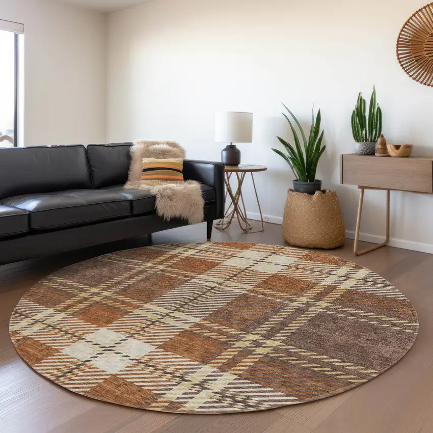 8' Chocolate Beige And Gold Plaid Washable Round Rug With UV Protection Photo 4
