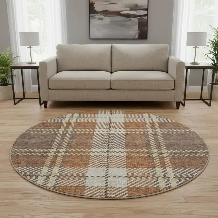 8' Chocolate Beige And Gold Plaid Washable Round Rug With UV Protection Photo 2
