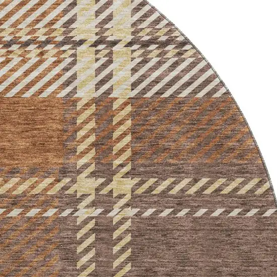 8' Chocolate Beige And Gold Plaid Washable Round Rug With UV Protection Photo 2