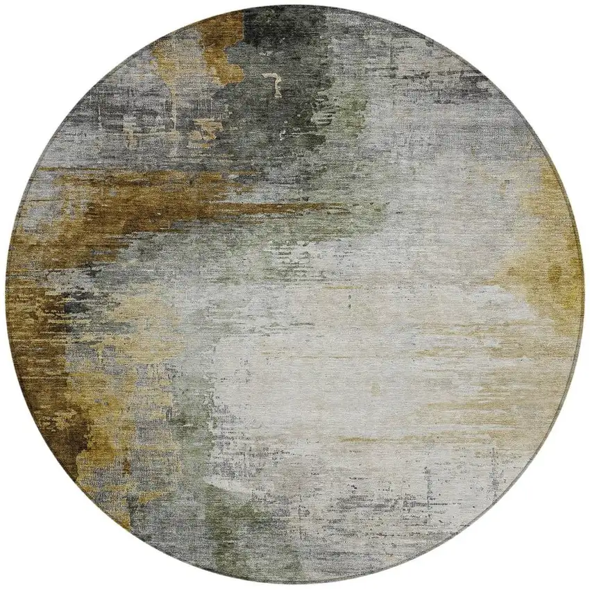 8' Chocolate Beige And Gold Round Abstract Washable Indoor Outdoor Area Rug Photo 3