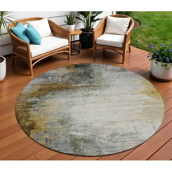 8' Chocolate Beige And Gold Round Abstract Washable Indoor Outdoor Area Rug Photo 2