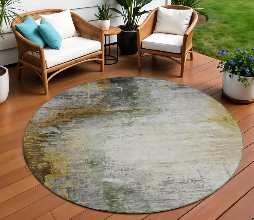 8' Chocolate Beige And Gold Round Abstract Washable Indoor Outdoor Area Rug Photo 2
