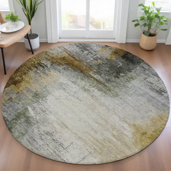 8' Chocolate Beige And Gold Round Abstract Washable Indoor Outdoor Area Rug Photo 7