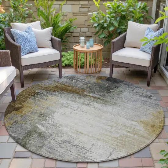 8' Chocolate Beige And Gold Round Abstract Washable Indoor Outdoor Area Rug Photo 6