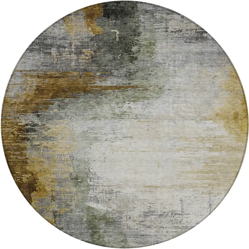8' Chocolate Beige And Gold Round Abstract Washable Indoor Outdoor Area Rug Photo 1