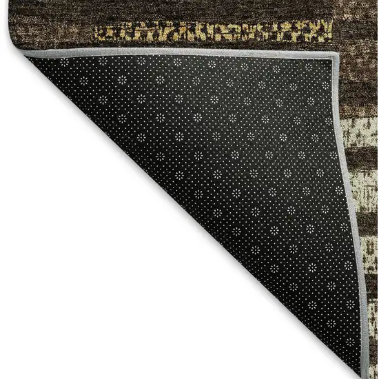 8' Chocolate Beige And Gold Striped Washable Round Rug With UV Protection Photo 5