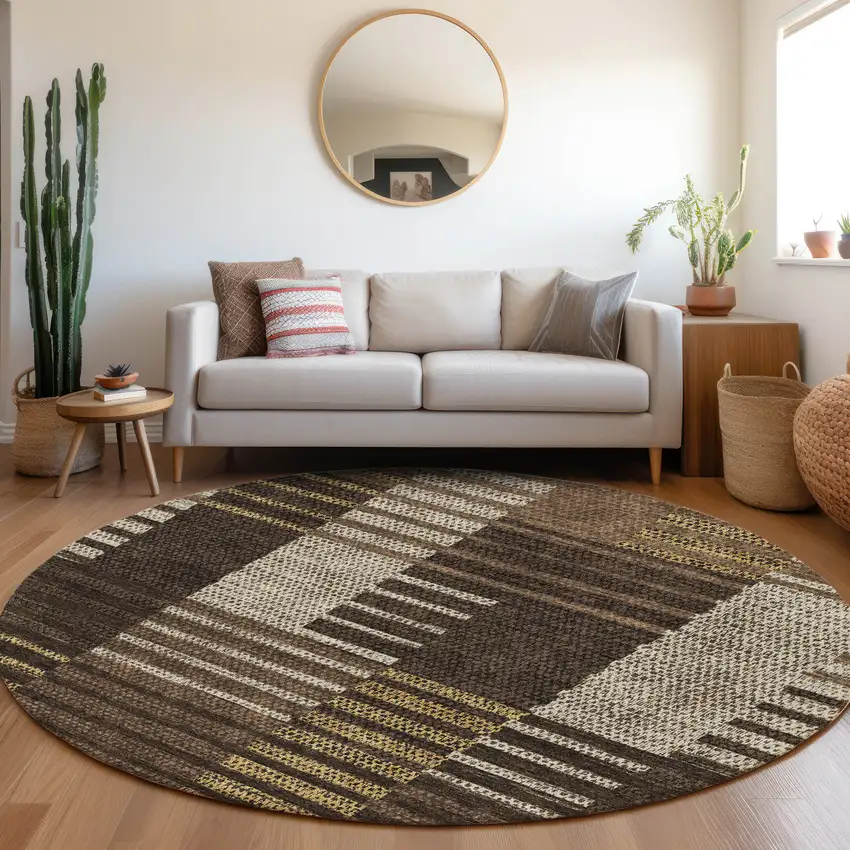 8' Chocolate Beige And Gold Striped Washable Round Rug With UV Protection Photo 4
