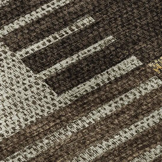 8' Chocolate Beige And Gold Striped Washable Round Rug With UV Protection Photo 8