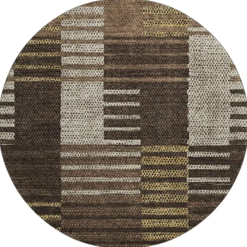 8' Chocolate Beige And Gold Striped Washable Round Rug With UV Protection Photo 2