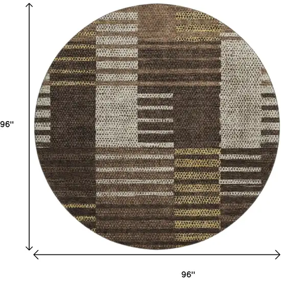 8' Chocolate Beige And Gold Striped Washable Round Rug With UV Protection Photo 9