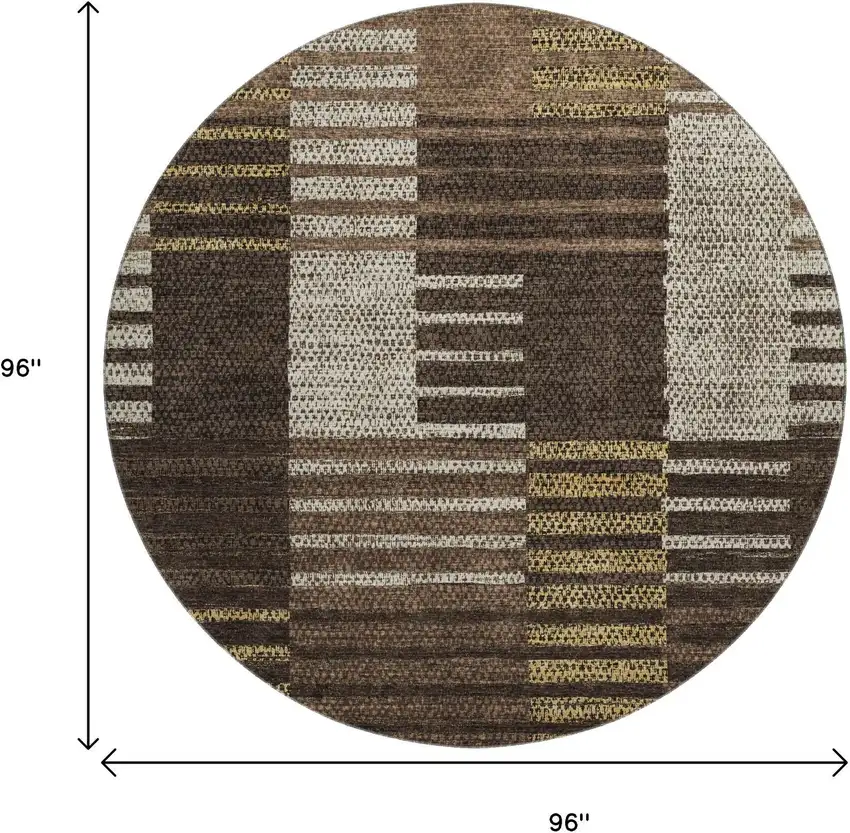 8' Chocolate Beige And Gold Striped Washable Round Rug With UV Protection Photo 9