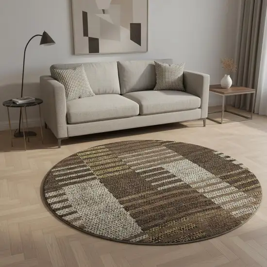 8' Chocolate Beige And Gold Striped Washable Round Rug With UV Protection Photo 2