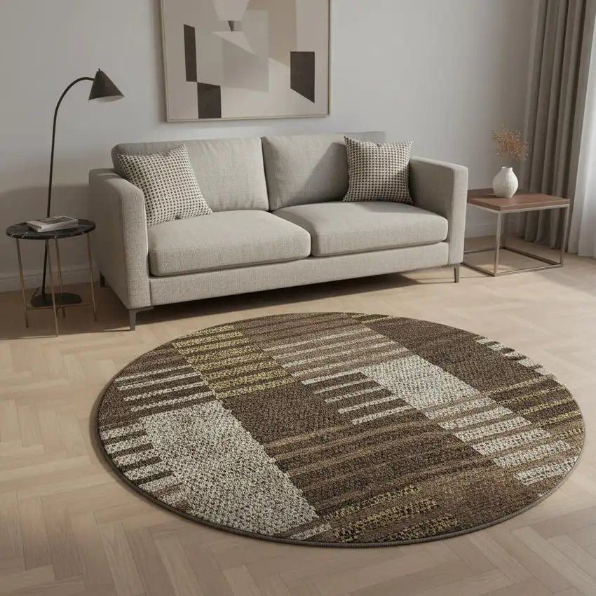 8' Chocolate Beige And Gold Striped Washable Round Rug With UV Protection Photo 2