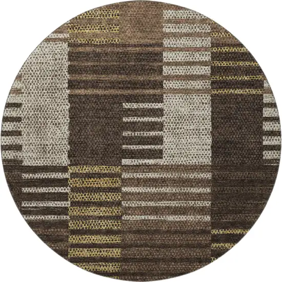 8' Chocolate Beige And Gold Striped Washable Round Rug With UV Protection Photo 3