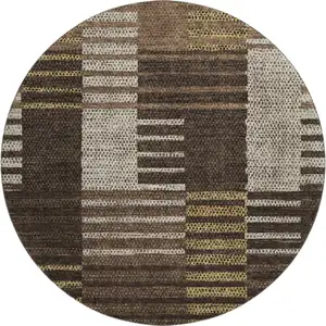 Photo of 8' Chocolate Beige And Gold Striped Washable Round Rug With UV Protection