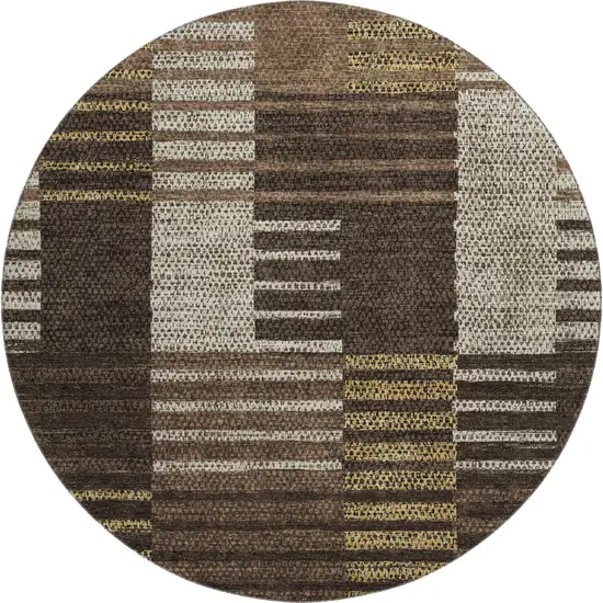 8' Chocolate Beige And Gold Striped Washable Round Rug With UV Protection Photo 1