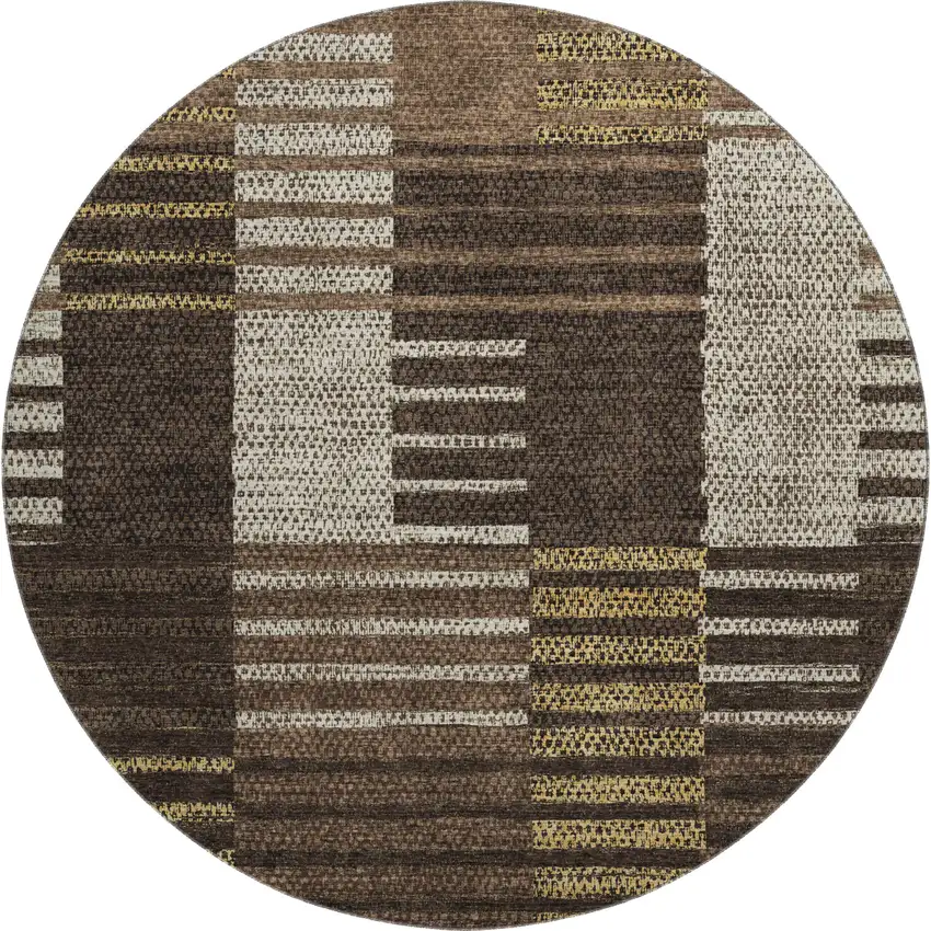 8' Chocolate Beige And Gold Striped Washable Round Rug With UV Protection Photo 1