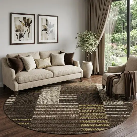 8' Chocolate Beige And Gold Striped Washable Round Rug With UV Protection Photo 1