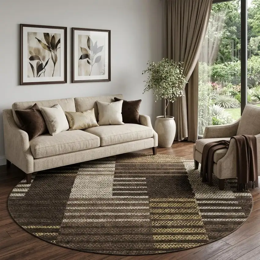 8' Chocolate Beige And Gold Striped Washable Round Rug With UV Protection Photo 1